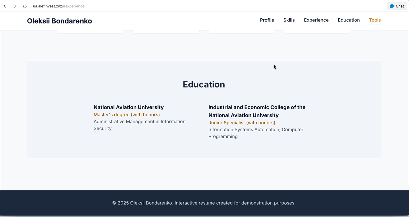 Bondarenko Oleksii's Interactive resume GIF